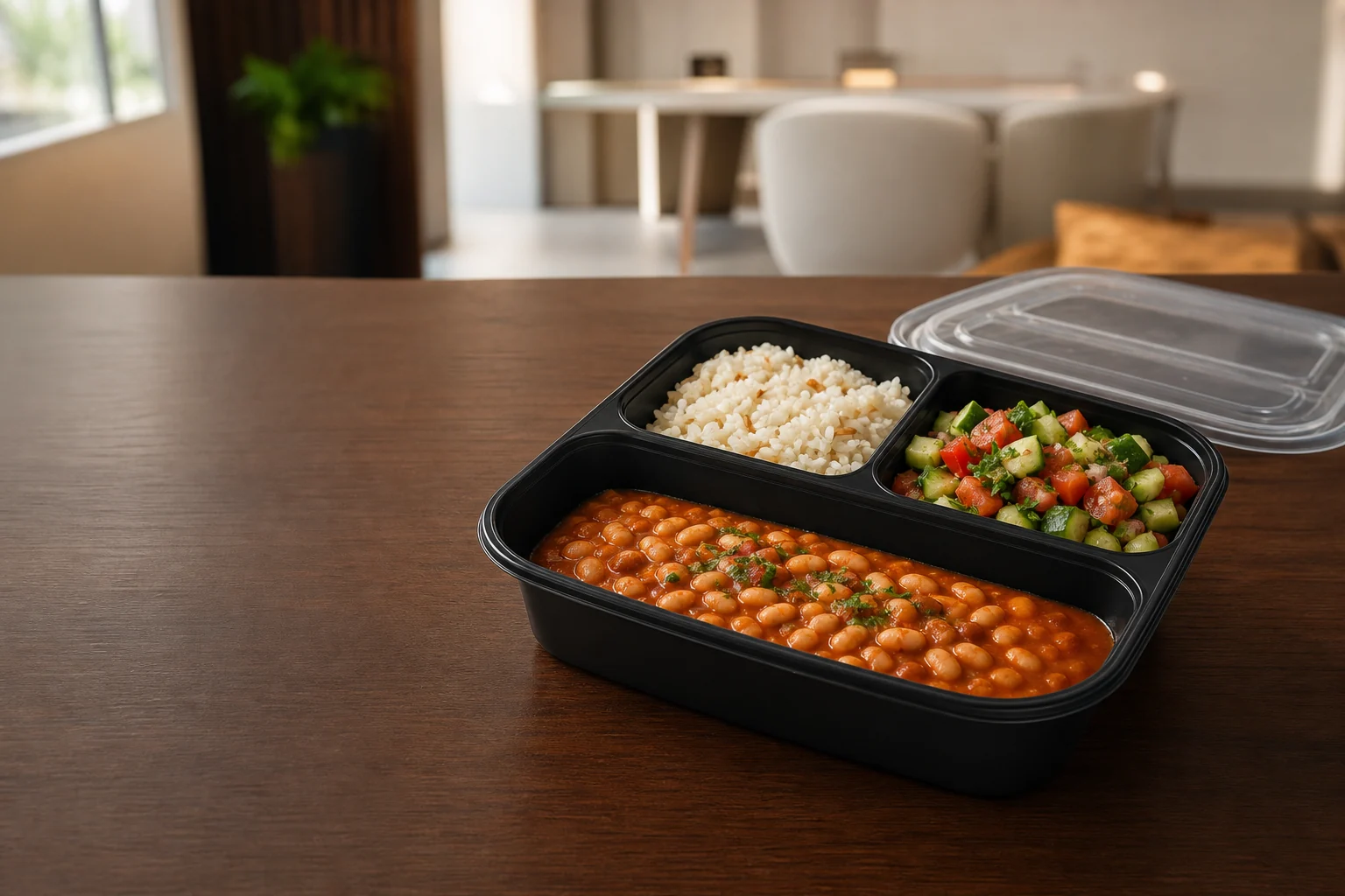 Bölmeli kapta kuru fasulye, pilav ve çoban salata