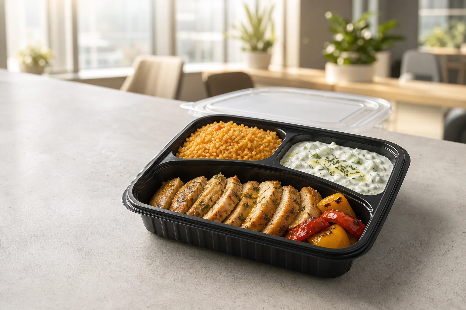 Bölmeli kapta ızgara tavuk, bulgur pilavı ve cacık